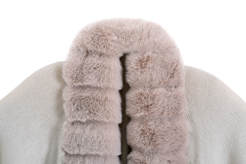 Classic Oversized Knit Coat Artificial Rabbit Fur Collar