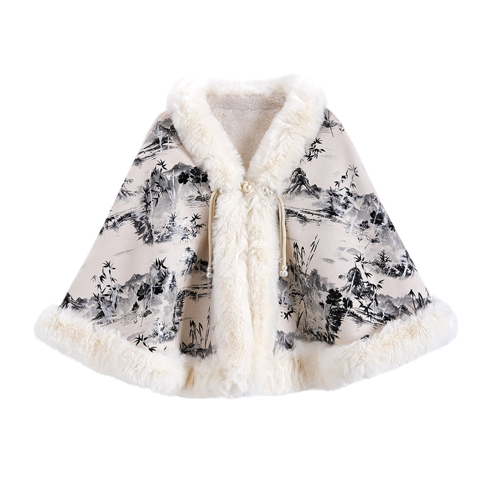 Winter Ethnic Print Hot Sale Big Fur Collar Cape And Shawl