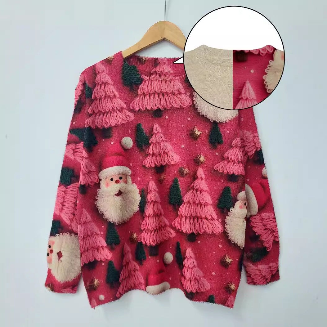 Christmas Full Pair Printed Round Neck Mink Printed Sweater