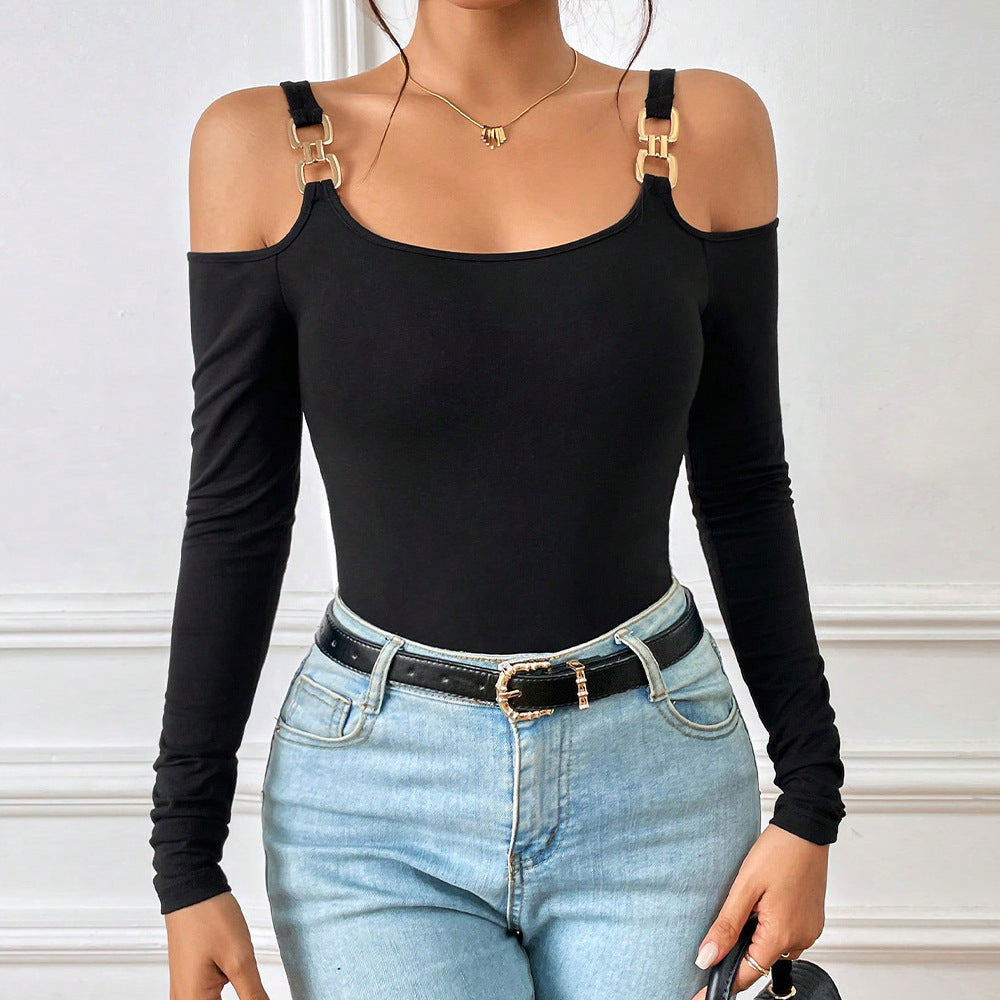 Women's Spring And Summer Fashion Simple Suspender Off-Shoulder Metal Hook Long-Sleeved Sexy Top