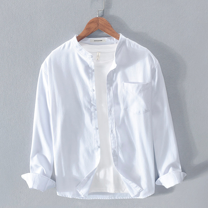 Fashion Stand-Up Collar Solid Color Simple Youth Long-Sleeved Cotton Shirt