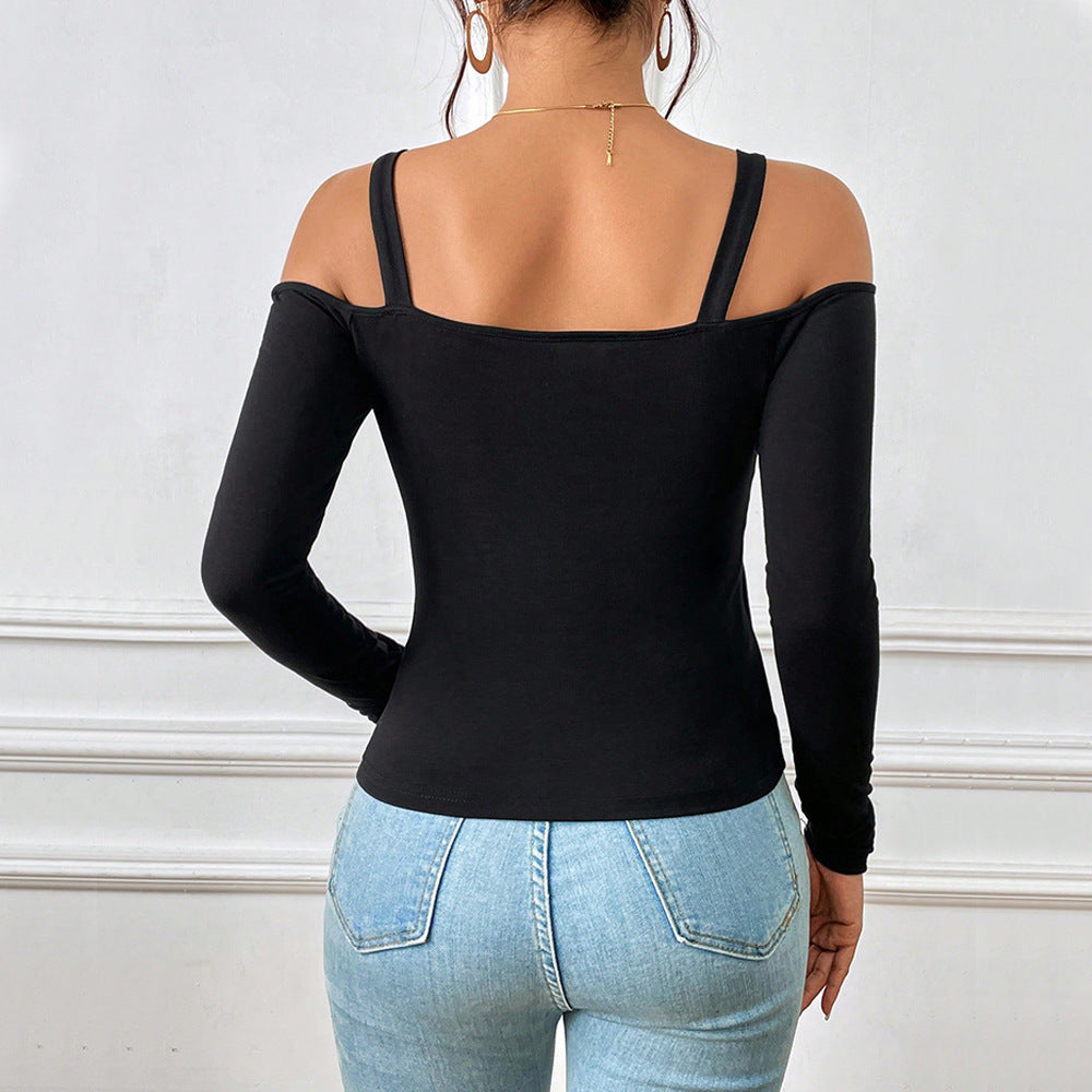 Women's Spring And Summer Fashion Simple Suspender Off-Shoulder Metal Hook Long-Sleeved Sexy Top