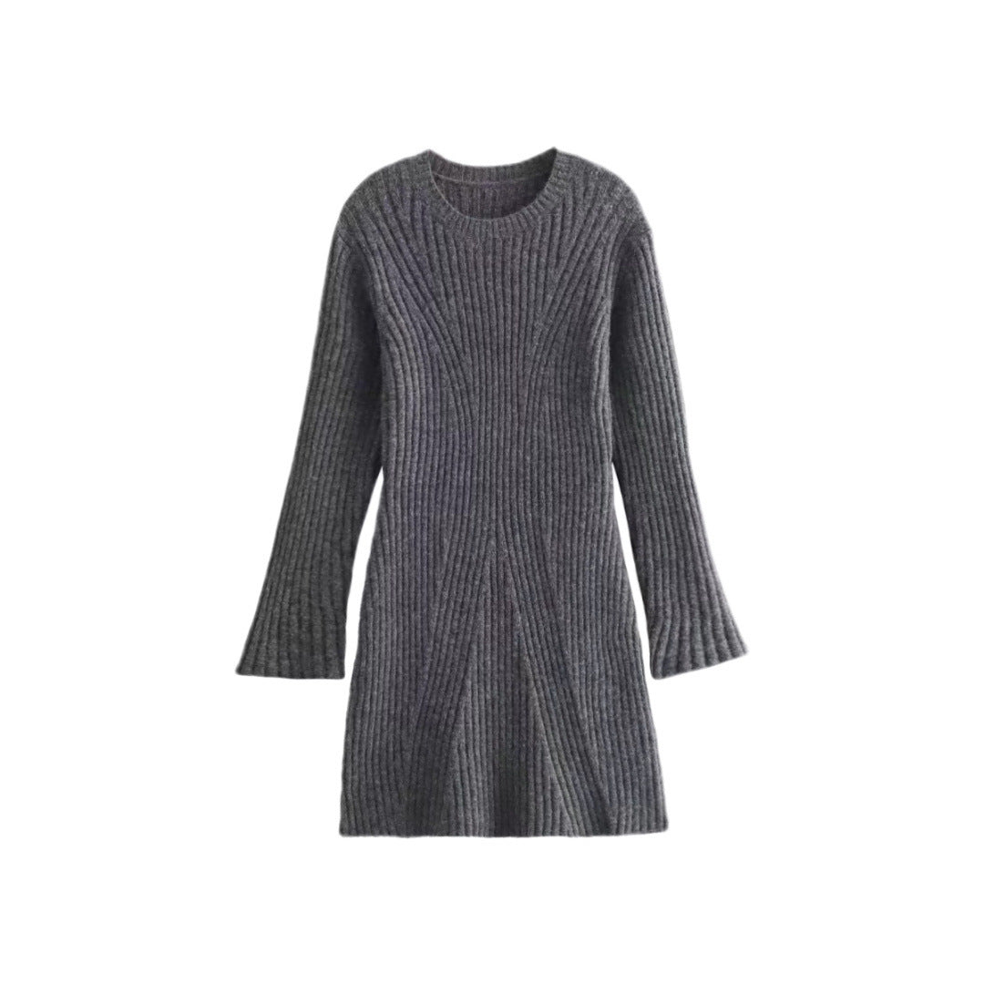 Fashion Solid Ribbed Knitted Dress Fall And Winter Slim-fit Stand-up Collar A-line Dresses Women's Clothing