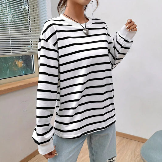 Women's Casual Loose Round Neck Vintage Stripe Long-sleeved T-shirt