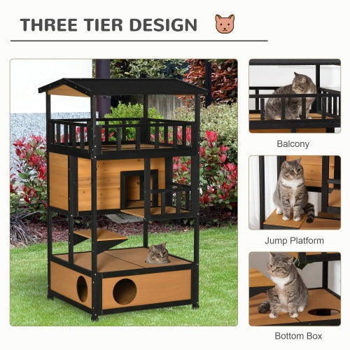 Wooden Outdoor Cat House, Wild Cat Shelter Kitten Tree