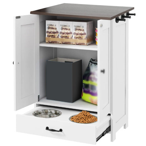 Dog Feeding Station, Dog Food Locker With Hidden Dog Bowl, Adjustable Panel, Hook, Medium Dog, White