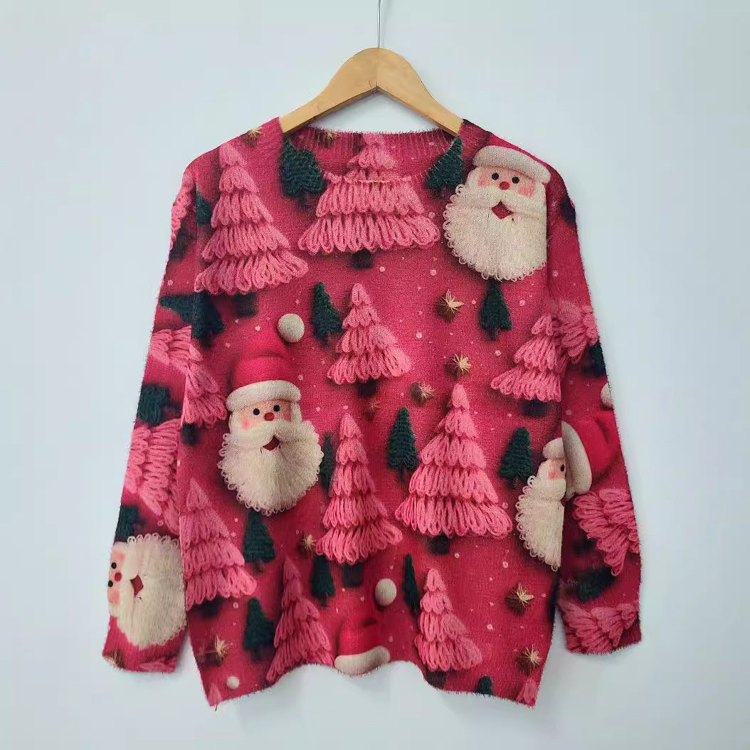 Christmas Full Pair Printed Round Neck Mink Printed Sweater