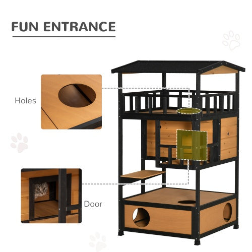 Wooden Outdoor Cat House, Wild Cat Shelter Kitten Tree