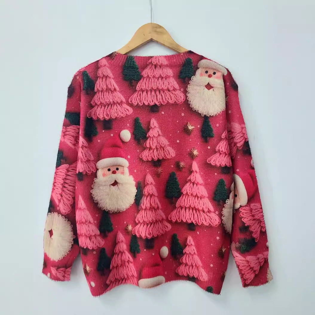 Christmas Full Pair Printed Round Neck Mink Printed Sweater